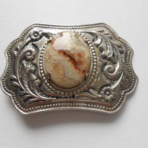 Western Style Silver-Black Belt Buckle with Agate Stone